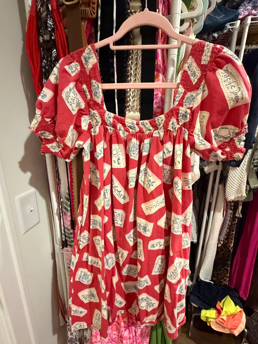 Girls' Red Puff-Sleeve Casual Dress with Cream Print
